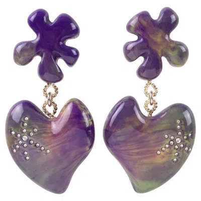 Pre-owned Christian Lacroix Amethyst And Yellow Jeweled Heart Clip Earrings