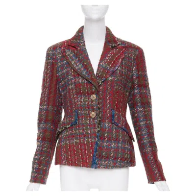 Pre-owned Christian Lacroix Bazar 1996 Red Plaid Tweed Crest Button Blazer Jacket Fr44 Xl