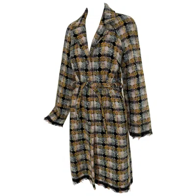 Pre-owned Christian Lacroix Bazar Woven Plaid Belted Coat In Golden Brown Black & Cream 40 In White