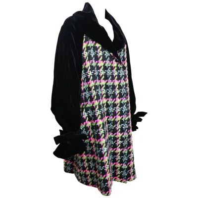 Pre-owned Christian Lacroix Black Velvet Colours Houndstooth Tweed Oversized Long Coat