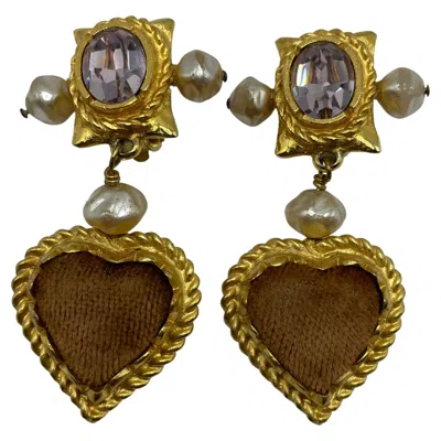 Pre-owned Christian Lacroix Clip-on Gold Toned Pearl And Velvet Earrings. In Multi