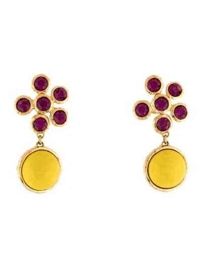 Pre-owned Christian Lacroix Crystal & Resin Flower Clip On Drop Earrings In Purple/yellow