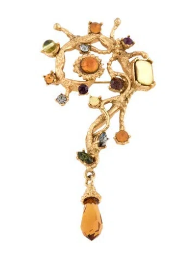 Pre-owned Christian Lacroix Crystal Brooch In Green/grey/orange
