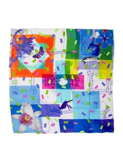 Pre-owned Christian Lacroix Festival Quadri Silk Scarf W/ Tags In Blue