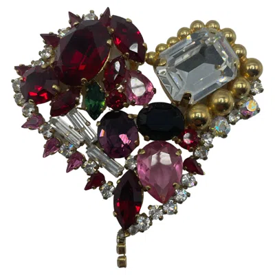 Pre-owned Christian Lacroix Heart Shape Color Rhinestone Brooch In Multi