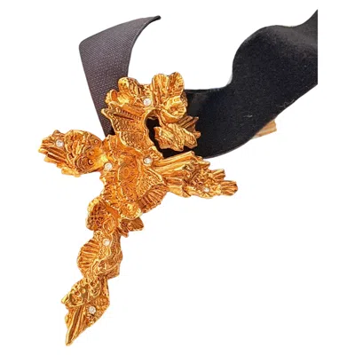 Pre-owned Christian Lacroix Iconic Rare Gold Dragon Cross Lace Crystals Brooch Pendant In Multiple