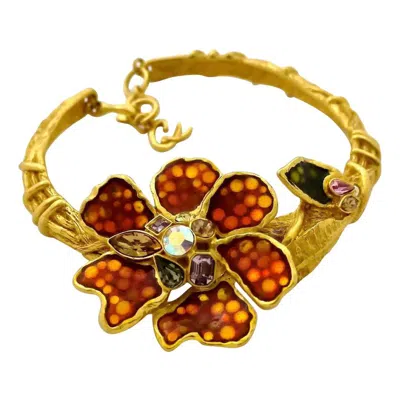 Pre-owned Christian Lacroix Iridescent Flower Rhinestone Enamel Rigid Choker Necklace In Brown