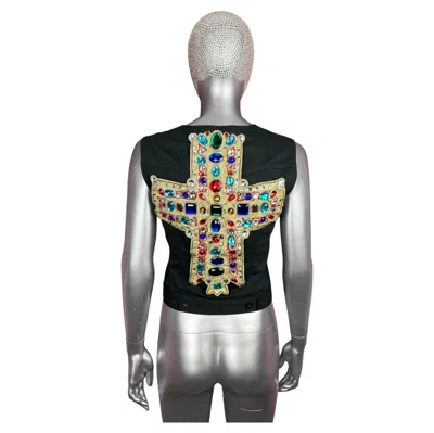 Pre-owned Christian Lacroix Jeweled Cross Black Denim Vest Piece Of Fashion History (2002)