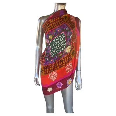 Pre-owned Christian Lacroix Modern Art Roses Bright Color Pink & Red Silk Scarf