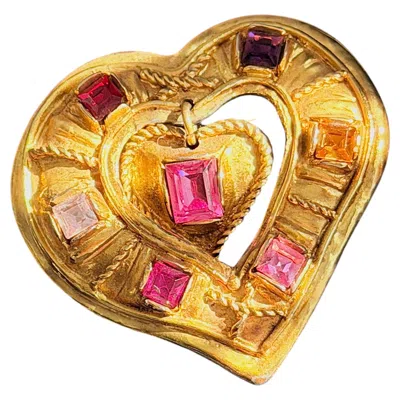 Pre-owned Christian Lacroix Noel 1992 Iconic Heart Drop Ruby Fuchsia Gold Pendant Brooch In Multiple