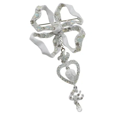 Pre-owned Christian Lacroix Paris White Enamel Dangle Bow Jeweled Brooch