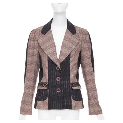 Pre-owned Christian Lacroix Patchwork Plaid Pinstripe Tailored Blazer Jacket Pantsuit Fr44 In Brown