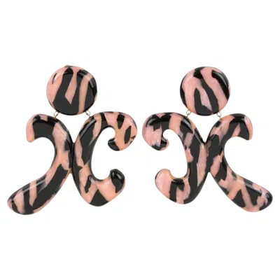 Pre-owned Christian Lacroix Pink And Black Acrylic Lucite Dangle Logo Clip Earrings