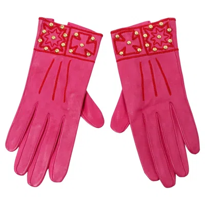 Pre-owned Christian Lacroix Pink & Red Embroidered Leather Studded Gloves Circa 1990s