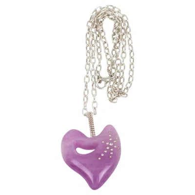 Pre-owned Christian Lacroix Silver Plate Chain Necklace With Lavender Resin Heart Pendant In Purple