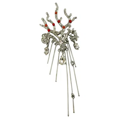 Pre-owned Christian Lacroix Silver Toned Jewelled Coral Branch Design Brooch In Red