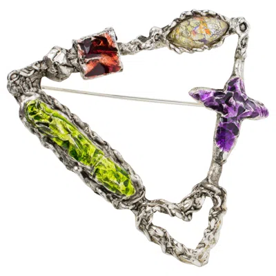 Pre-owned Christian Lacroix Silvered Brutalist Brooch With Multicolor Enamel