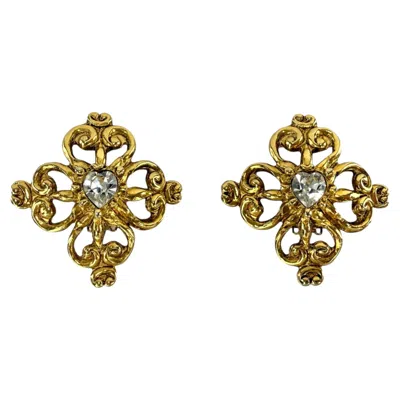 Pre-owned Christian Lacroix S/s 1994  Heart Shaped Rhinestone Gold Filigree Clip-on Earring In Multiple