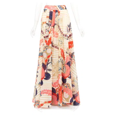 Pre-owned Christian Lacroix Stripe Floral Kaleidoscope Print Cotton Silk Beach Maxi Skirt In Beige