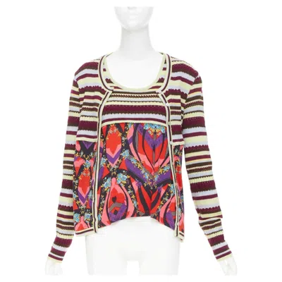 Pre-owned Christian Lacroix Stripe Kaleidoscope Print Knit Twin Set Floral Cardigan Top Xl In Beige