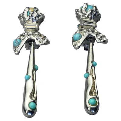 Pre-owned Christian Lacroix Turquoise Cabochon Rhinestones Jewelled Drop Silver Earrings In Multi