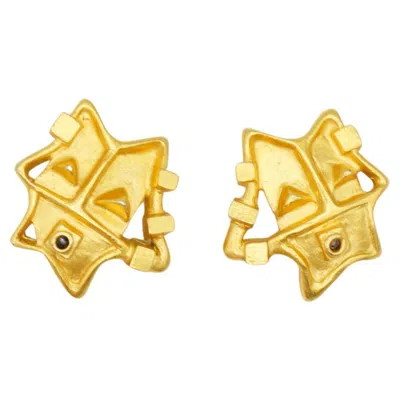 Pre-owned Christian Lacroix Vintage 1980s Gold Geometric Face Smile Openwork Clip Earrings In Multi