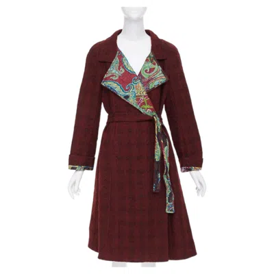 Pre-owned Christian Lacroix Vintage 90s Burgundy Tweed Multicolor Paisley Wrap Coat It38 In Red