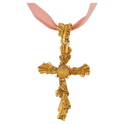 Pre-owned Christian Lacroix Vintage Baroque Cross Relief Oval Crystal Pink Choker Necklace