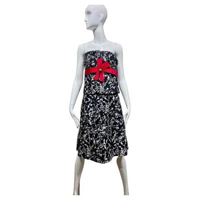 Pre-owned Christian Lacroix Vintage  Black And White Floral Print Strapless Linen Dress