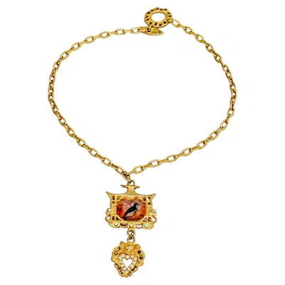 Pre-owned Christian Lacroix Vintage  Framed Bird Portrait Heart Pendant Necklace In Multi