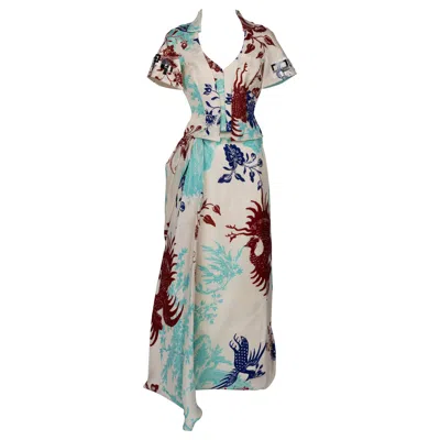 Pre-owned Christian Lacroix Vintage  Silk Corset Top & Maxi Skirt Set Mythological Print In Gray