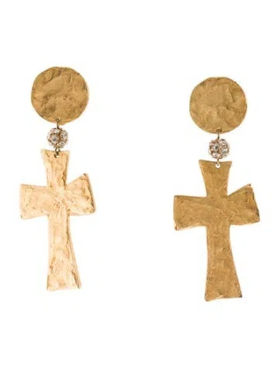 Pre-owned Christian Lacroix Vintage Crystal Cross Clip-on Drop Earrings In Transparent