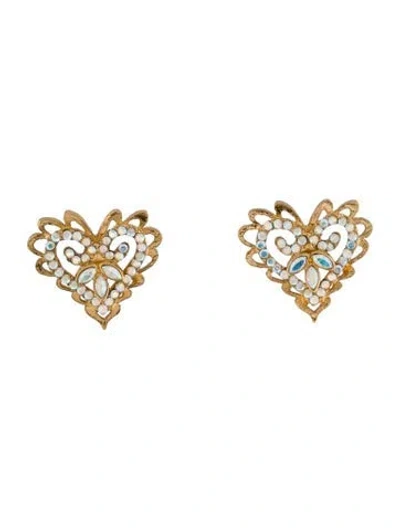 Pre-owned Christian Lacroix Vintage Crystal Heart Stud Earrings In Multi