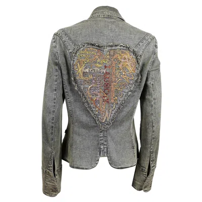 Pre-owned Christian Lacroix Vintage Embroidered And Jeweled Heart Denim Jacket In Gray