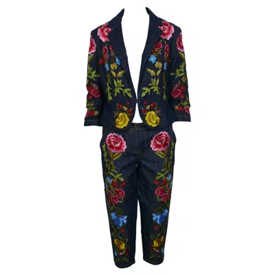 Pre-owned Christian Lacroix Vintage Embroidered Denim Blazer And Cropped Pants Trousers In Black