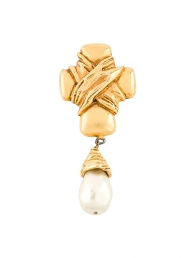 Pre-owned Christian Lacroix Vintage Faux Pearl Cross Brooch In White