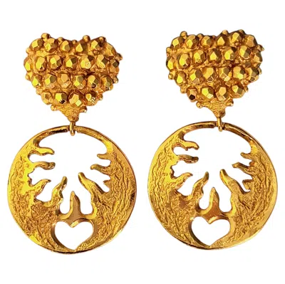 Pre-owned Christian Lacroix Vintage Gold Circle Openwork Fire Heart Chunky Drop Earrings In Multiple