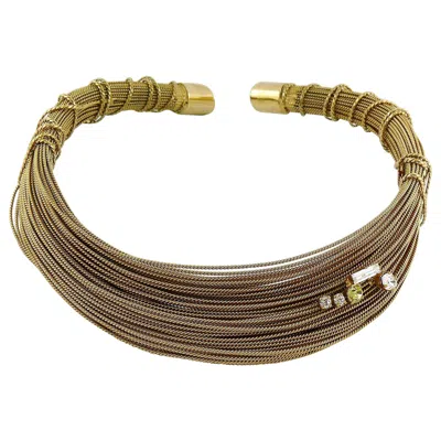 Pre-owned Christian Lacroix Vintage Gold Toned Bundled Textured Wires Crystal Rigid Choker In Brown
