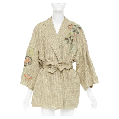 Pre-owned Christian Lacroix Vintage Gold Tweed Floral Embroidered Belted Wrapblazer Jacket