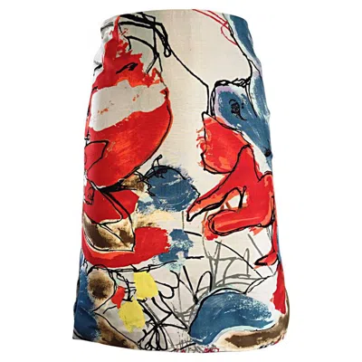 Pre-owned Christian Lacroix Vintage High Waisted Abstract 1990s Silk Mini Pencil Skirt In Sand