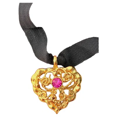 Pre-owned Christian Lacroix Vintage Iconic Gold Fuchsia Rose Crystal Black Choker Necklace In Red