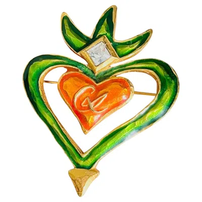 Pre-owned Christian Lacroix Vintage Iconic Large Green Orange Heart Statement Brooch