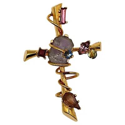 Pre-owned Christian Lacroix Vintage Jewelled Gold Tone Cross Brooch Pendant In Multi