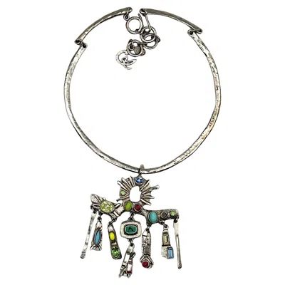 Pre-owned Christian Lacroix Vintage Jewelled Silver Tone Pendant Torque Necklace In Multi
