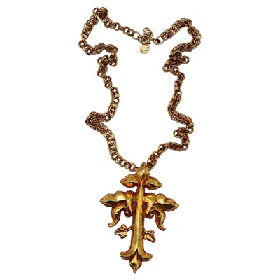 Pre-owned Christian Lacroix Vintage Massive Gold Tone Baroque Cross Pendant Necklace In Multi