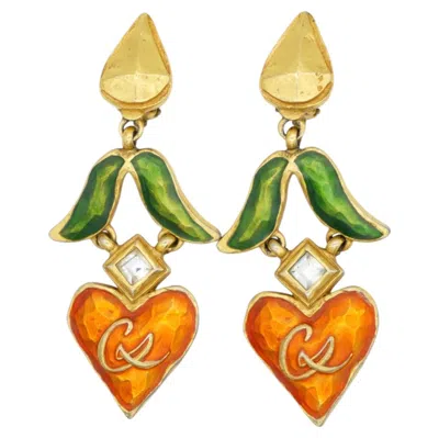 Pre-owned Christian Lacroix Vintage Massive Orange Heart Green Leaf Logo Drop Earrings