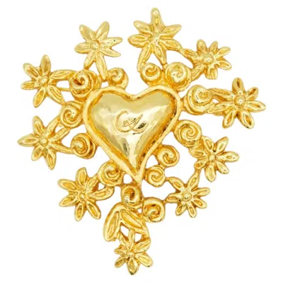 Pre-owned Christian Lacroix Vintage Noel 93 Large Gold Heart Logo Flower Openwork Brooch In Multi