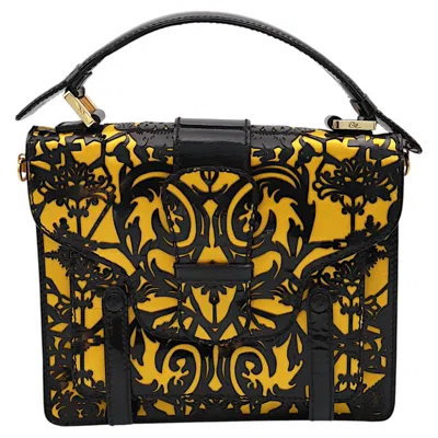 Pre-owned Christian Lacroix Vintage Ornate Handbag In Black Patent Leather And Gold Satin