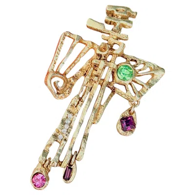 Pre-owned Christian Lacroix Vintage Rare Cross Emerald Amethyst Asymmetric Chunky Brooch In Purple