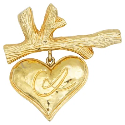 Pre-owned Christian Lacroix Vintage Rare Gold Cross Heart Logo Love Branch Drop Brooch In Multi